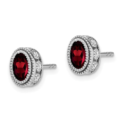 14k White Gold Oval Garnet and Diamond Stud Earrings