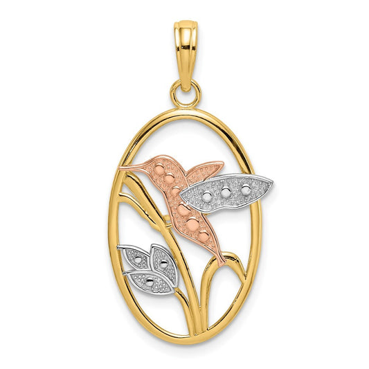 14k Two-tone Gold White Rhodium Hummingbird Flowers In Oval Frame Charm Pendant