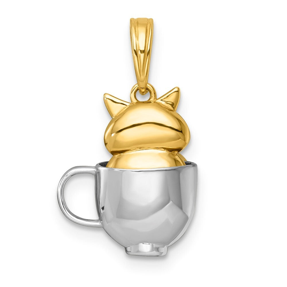 14k Yellow Gold with White Rhodium Polished 3-D Cat In Mug Charm Pendant