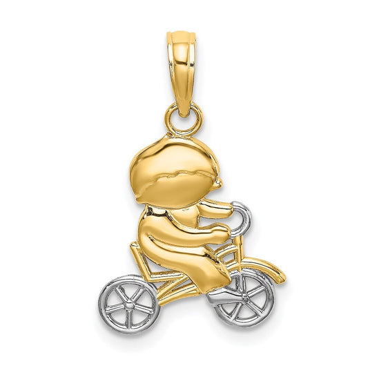 14k Yellow Gold Rhodium Little Boy On Bicycle Charm Pendant for Women