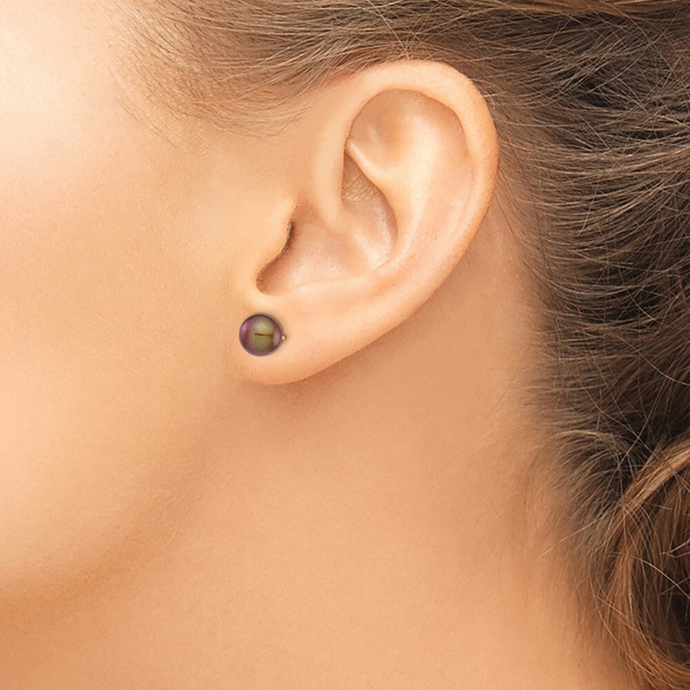 14k Yellow Gold 7-8mm Brown Round Freshwater Cultured Pearl Stud Earrings