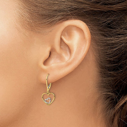 14k Yellow Gold Rhodium Heart in Heart Leverback Dangle Earrings