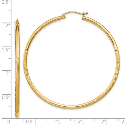 14k Yellow Gold Satin and Diamond-cut 2mm Round Tube Hoop Earrings