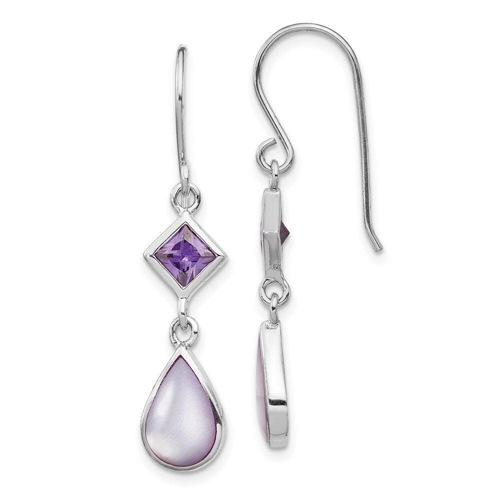 Sterling Silver Polished Purple Cubic Zirconia & MOP Teardrop Dangle Earrings