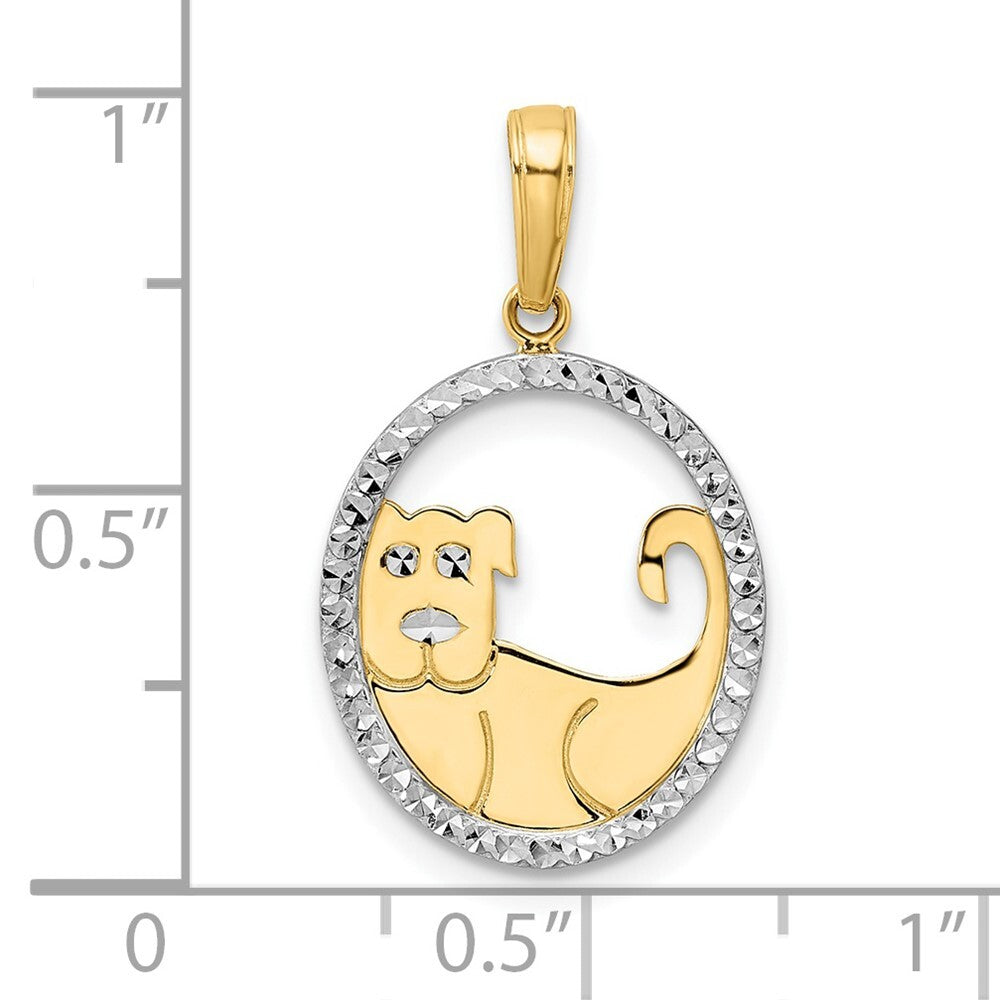 14k Yellow Gold and White Rhodium Diamond-cut Dog in Oval Pendant for Women