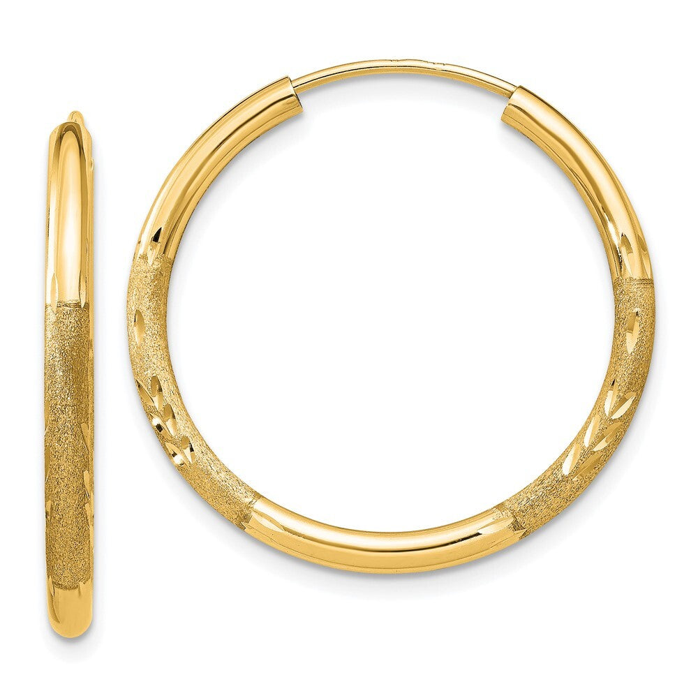 14k Yellow Gold 2mm Satin Diamond-cut Endless Hoop Earrings Gift for Women