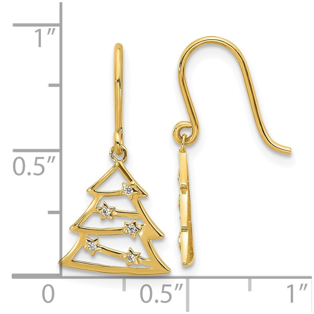 14k Yellow Gold Polished CZ Christmas Tree Shepherd Hook Dangle Earrings