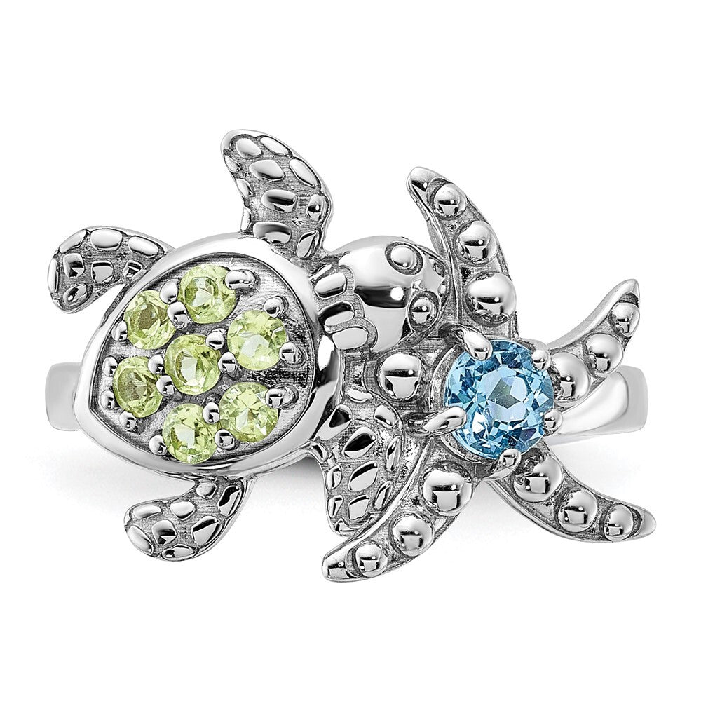 Sterling Silver Peridot and Swiss Blue Topaz Turtle and Starfish Ring Size 8