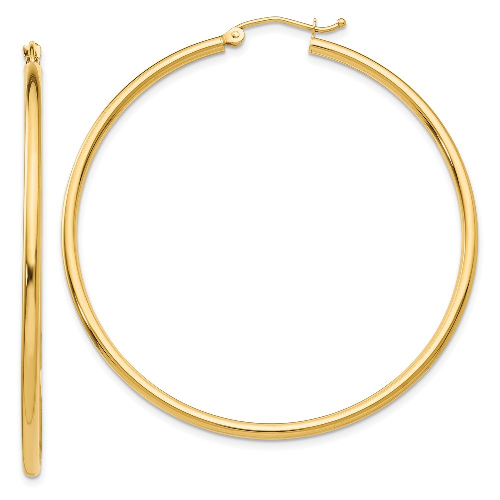 14k Yellow Gold Polished 2x50mm Lightweight Tube Hoop Earrings