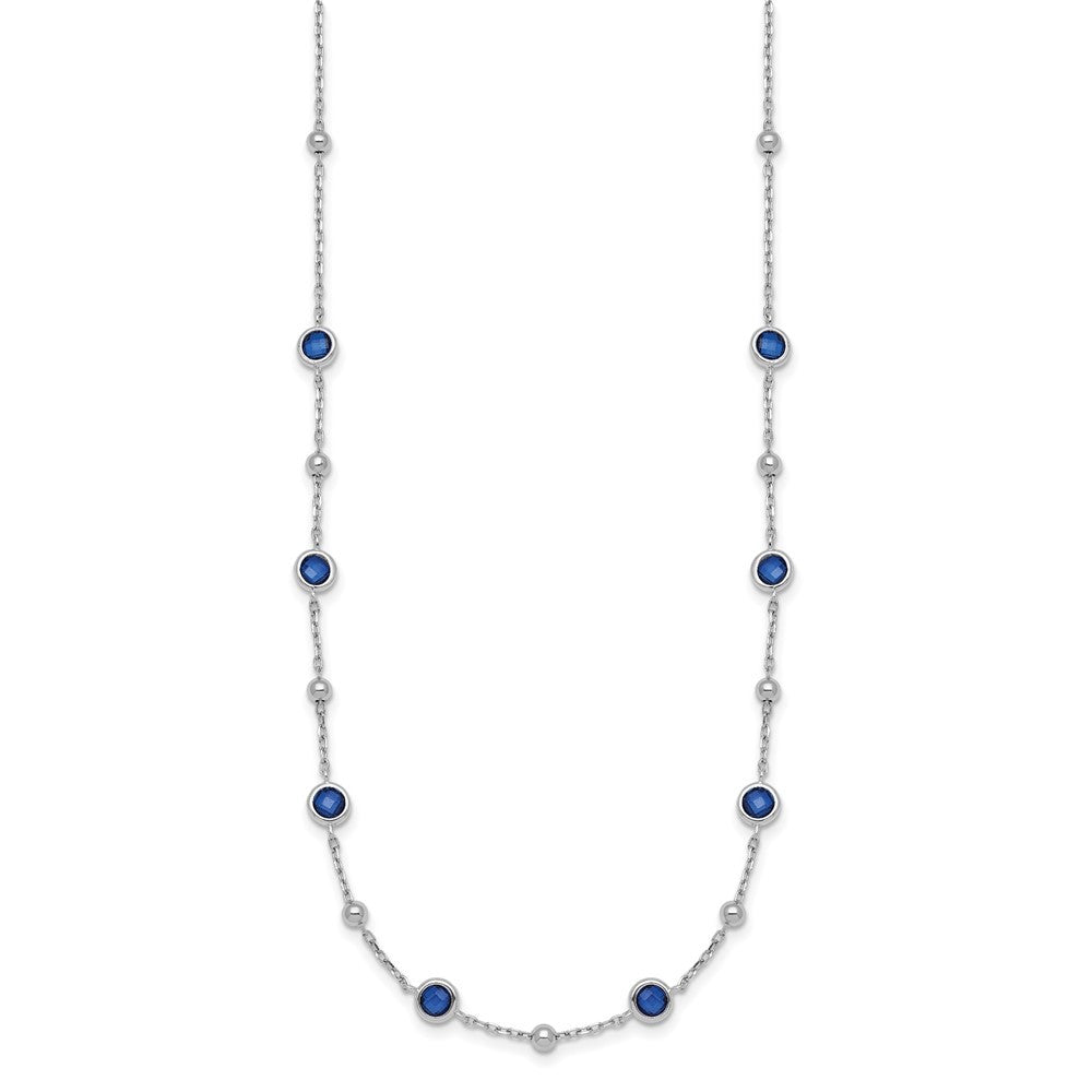 Sterling Silver &Beaded Bezel-set Round Blue CZ 16" with 2" Extension Necklace