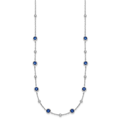 Sterling Silver &Beaded Bezel-set Round Blue CZ 16" with 2" Extension Necklace