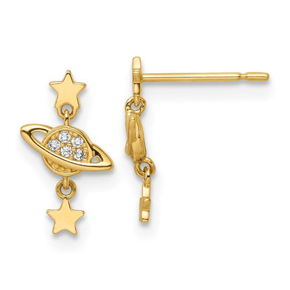14k Yellow Gold CZ Saturn & Stars Dangle Earrings