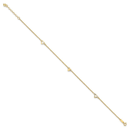 14k Yellow Gold Diamond-cut Hearts 3-Station 10" Anklet
