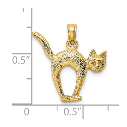 14k Yellow Gold 3-D Textured Arch Back and Raised Tail Cat Charm Pendant