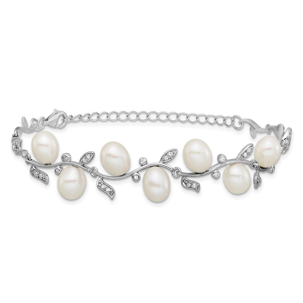 Sterling Silver 6-8mm Teardrop Cultured Pearl and CZ Leaf Bracelet 7" w/ 1" Ext