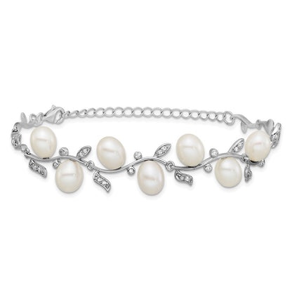 Sterling Silver 6-8mm Teardrop Cultured Pearl and CZ Leaf Bracelet 7" w/ 1" Ext