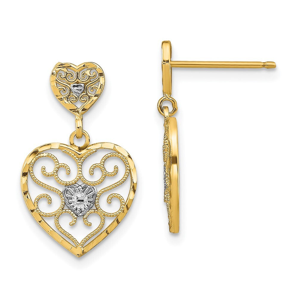 14k Yellow Gold RH Heart Beaded Filigree Dangle Earrings Gift for Women