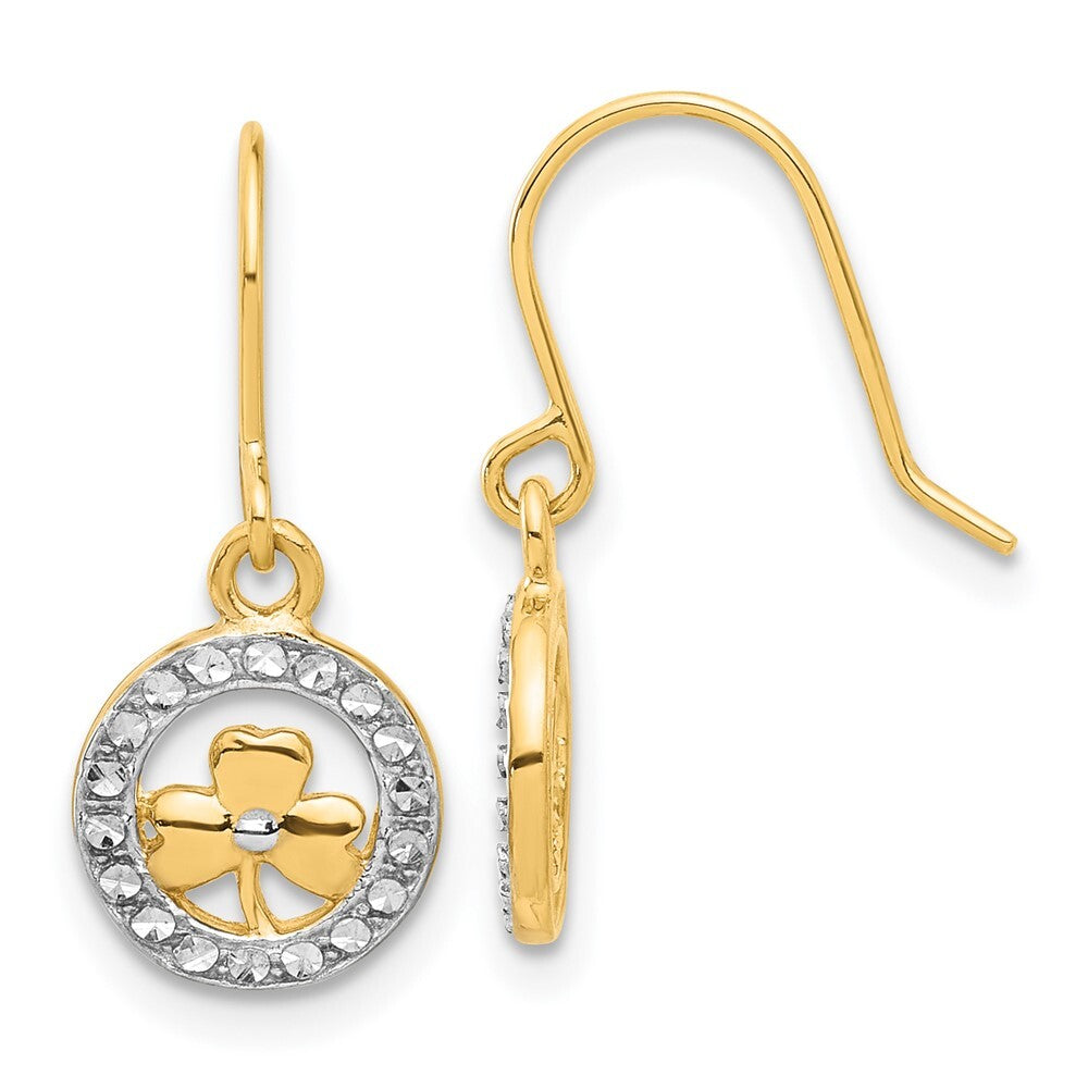 14k Yellow Gold and White Rhodium Diamond-Cut Clover in Circle Dangle Earrings