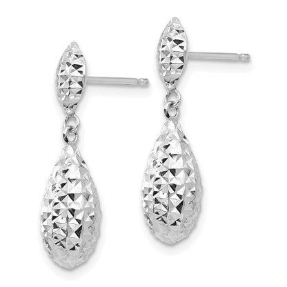 14k White Gold Diamond-cut Puff Teardrop Dangle Earrings Gift for Women