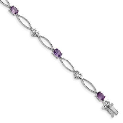 Sterling Silver Rhodium-plated Diamond & Amethyst Oval Diamond-Cut Bracelet
