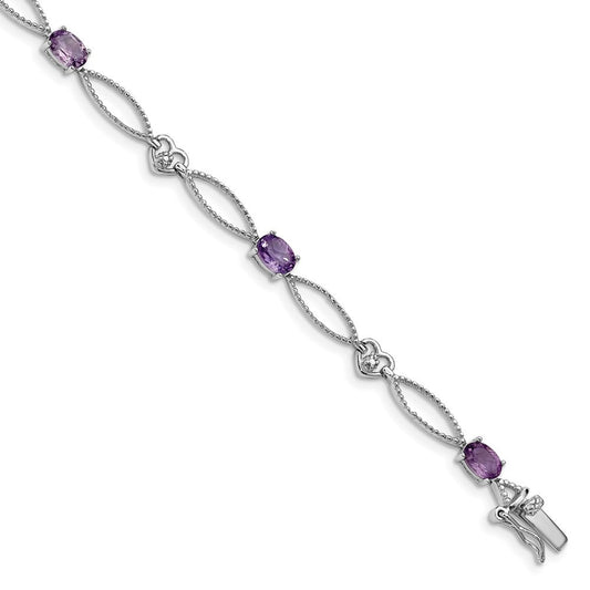 Sterling Silver Rhodium-plated Diamond & Amethyst Oval Diamond-Cut Bracelet