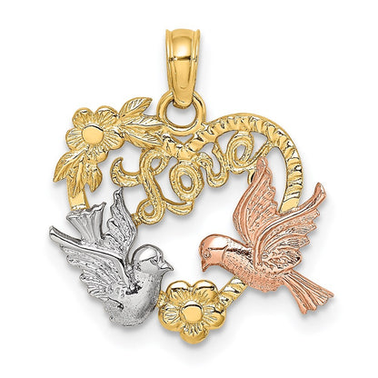 14k Yellow and Rose Gold Rhodium LOVE Doves Heart Charm Pendant for Women