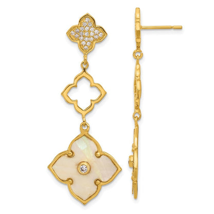 Sterling Silver Gold-tone Polished MOP & Cubic Zirconia Floral Dangle Earrings