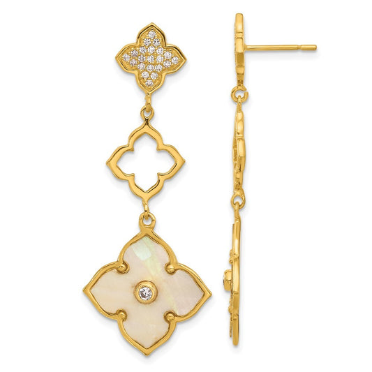 Sterling Silver Gold-tone Polished MOP & Cubic Zirconia Floral Dangle Earrings