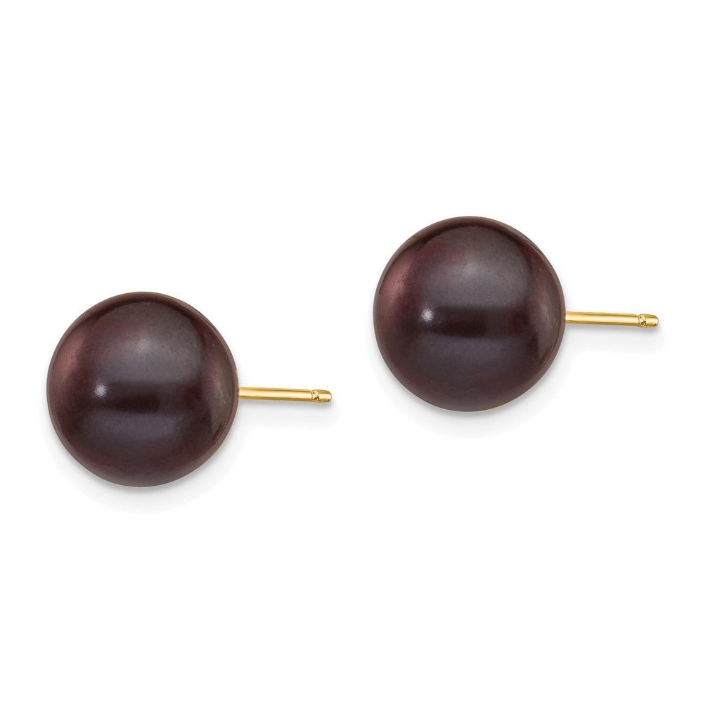 14k Yellow Gold 9-10mm Black Round Freshwater Cultured Pearl Stud Earrings
