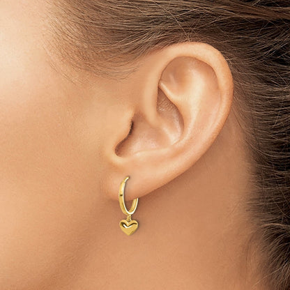 14k Yellow Gold Polished Heart Dangle Huggie Hoop Earrings Gift for Women