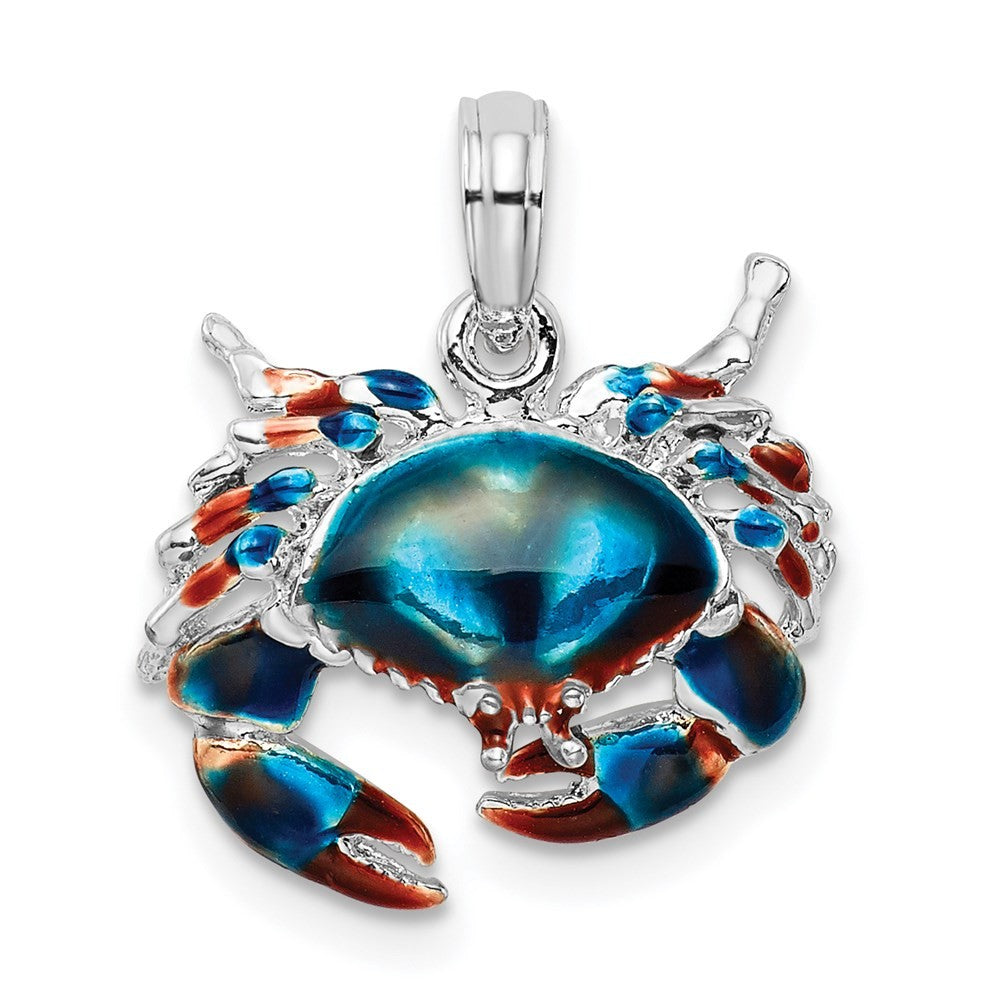 Sterling Silver Rhodium-Plated Polished Enameled Blue Stone Crab Pendant