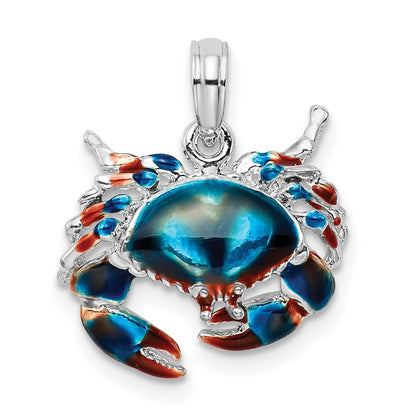 Sterling Silver Rhodium-Plated Polished Enameled Blue Stone Crab Pendant