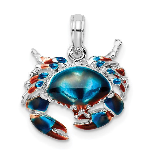 Sterling Silver Rhodium-Plated Polished Enameled Blue Stone Crab Pendant