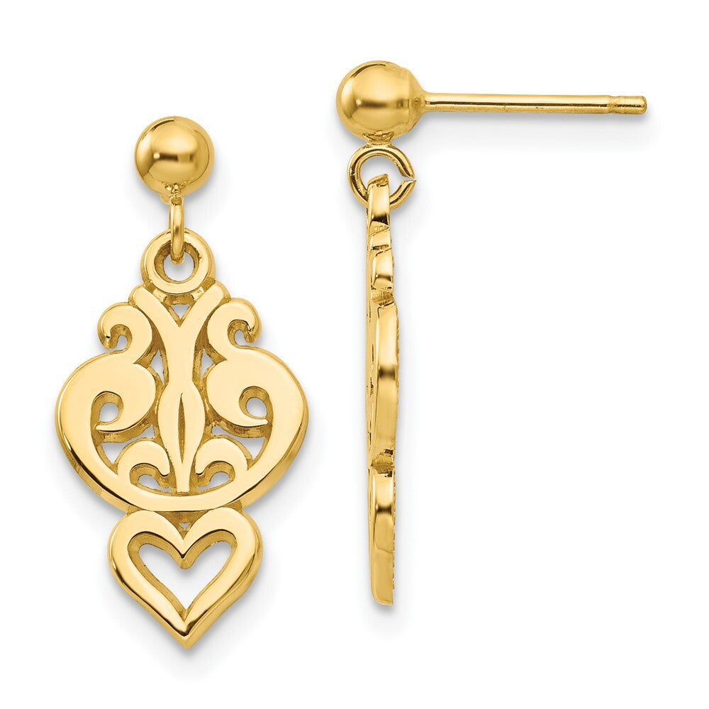 14k Yellow Gold Polished Filigree Fancy Heart Dangle Earrings Gift for Women