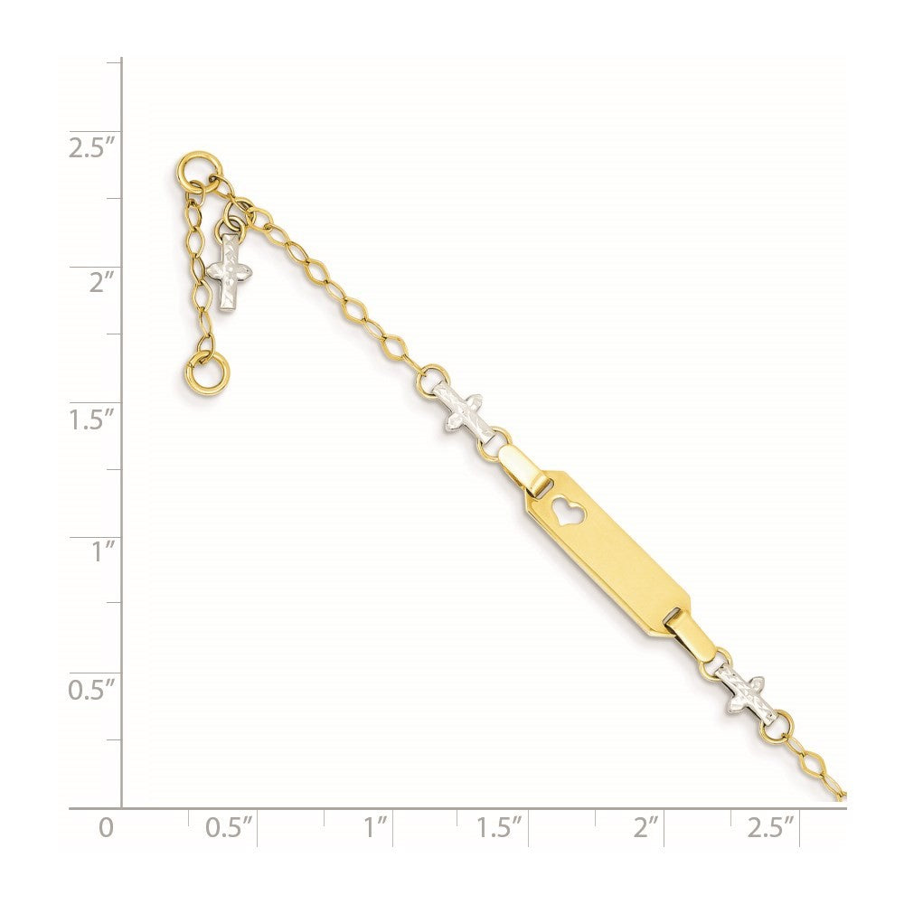 14k Two-tone  Textured Cross Cut-out Heart 18x5mm Plate 4.5" ID Bracelet 1" Ext
