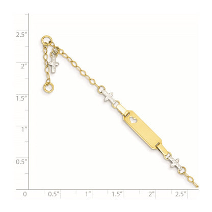 14k Two-tone  Textured Cross Cut-out Heart 18x5mm Plate 4.5" ID Bracelet 1" Ext
