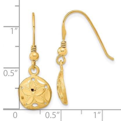14k Yellow Gold Polished & Satin Diamond-cut Sand Dollar Shepherd Hook Earrings