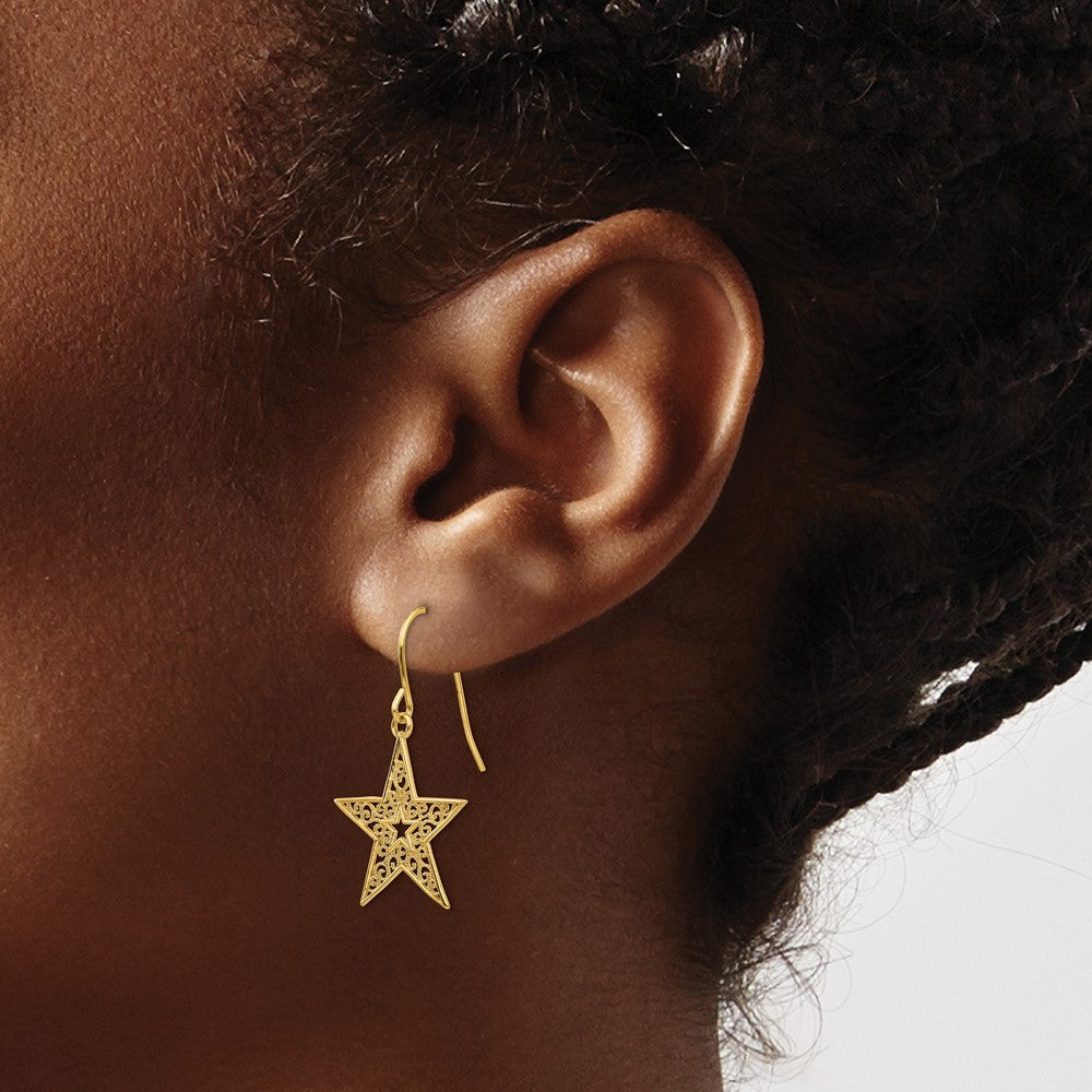 14k Yellow Gold Filigree Star Drop Dangle Earrings w/ Shepherd Hook