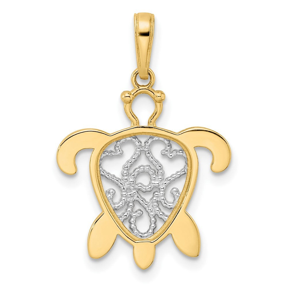 14k Yellow Gold and White Rhodium Diamond-cut Filigree Turtle Pendant