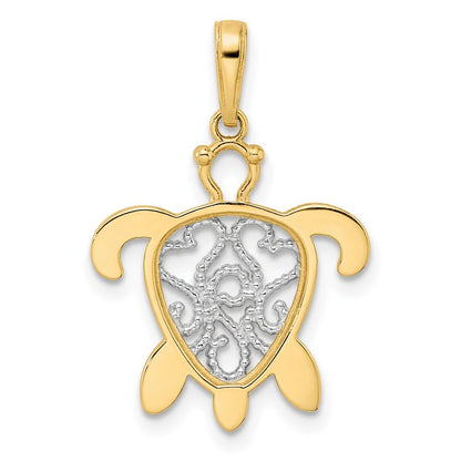 14k Yellow Gold and White Rhodium Diamond-cut Filigree Turtle Pendant