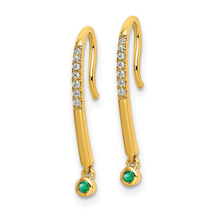14k Yellow Gold Polished Diamond and Emerald Drop Wire Stud Earrings