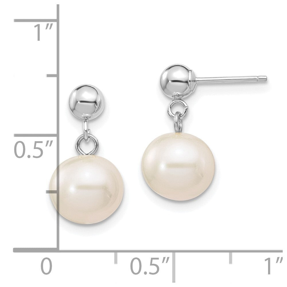 14k White Gold 8-8.5mm White Round Freshwater Cultured Pearl Dangle Earrings