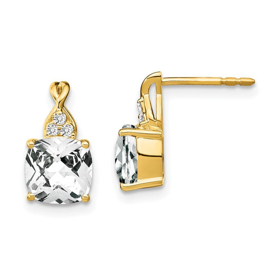 14k Yellow Gold Checkerboard White Topaz and Diamond Earrings