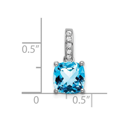 14k White Gold 8mm Cushion Blue Topaz and Diamond Pendant