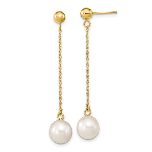 14k Yellow Gold 7-8mm White Round Freshwater Cultured Pearl Dangle Earrings