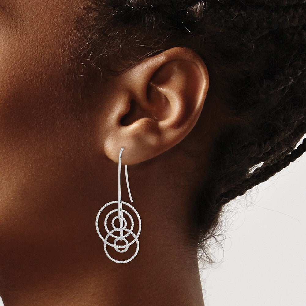 Sterling Silver Rhodium Plated Diamond-cut Circles Dangle Earrings