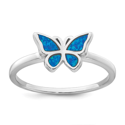Sterling Silver Rhodium-plated  Blue Lab Created Opal Butterfly Size 8 Ring