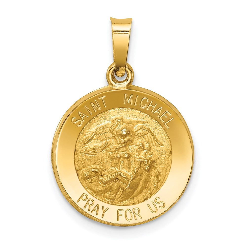 14k Yellow Gold Polished and Satin St Michael Medal Hollow Pendant
