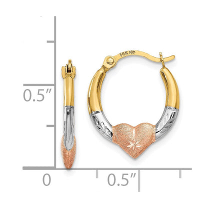 14k Yellow Gold & White and Rose Rhodium Heart Hoop Earrings Gift for Women