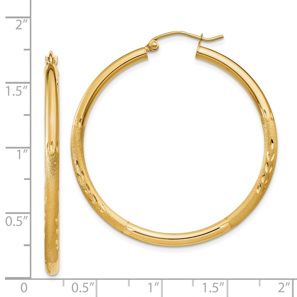 14k Yellow Gold Satin and Diamond-cut 2.5mm Round Hoop Earrings